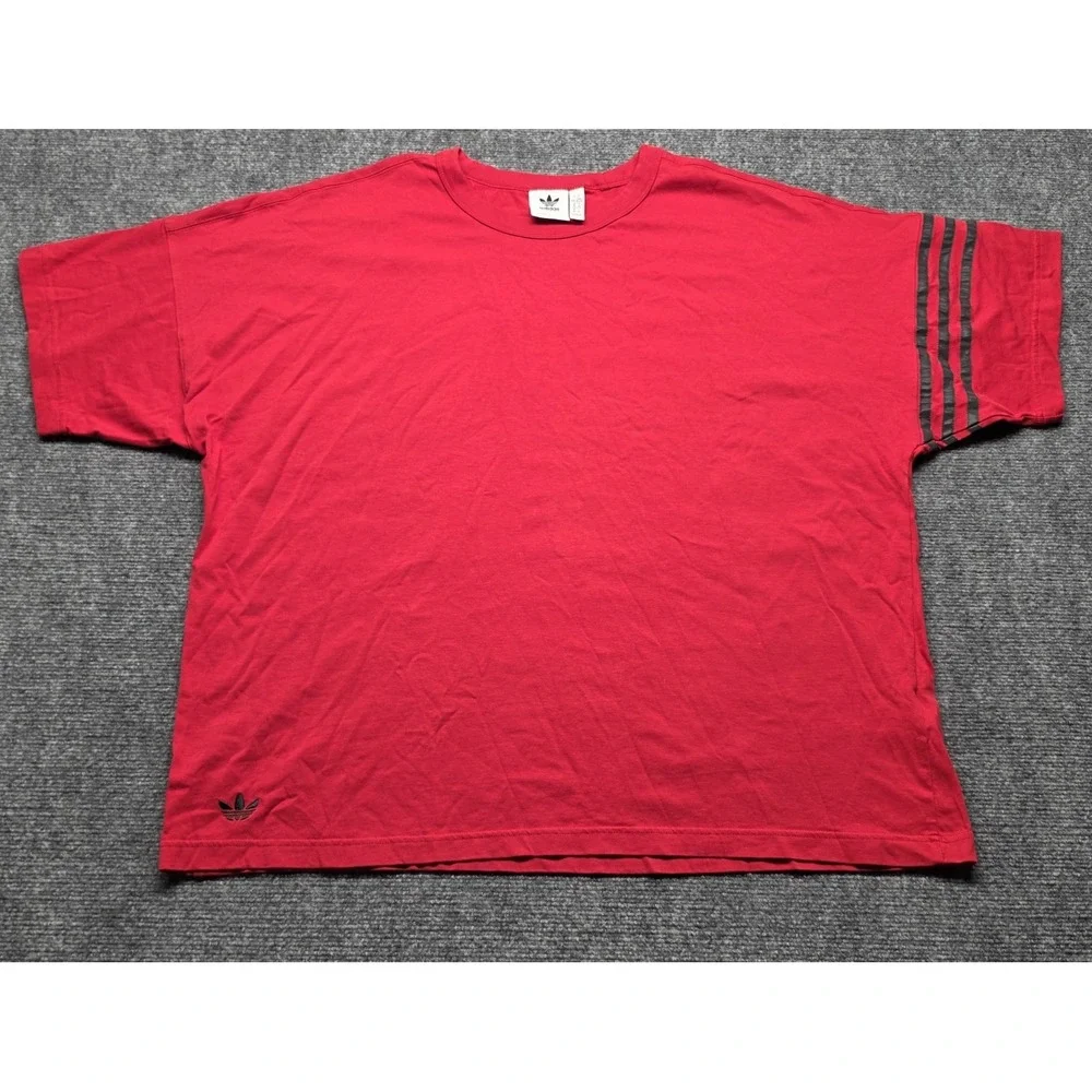 Adidas Originals Asymmetric Sleeve 3-Stripes Boxy Tee Red Black Trefoil XL